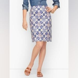 Talbots | Roxbury Medallion Canvas A-Line Side Zip Cotton Blend Blue Skirt
